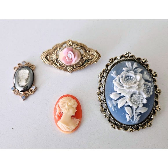 Jewelry - Cameo Brooch Lot 4 Pc Blue Floral Pink Rose Lady Profile Pins Crafts Vintage